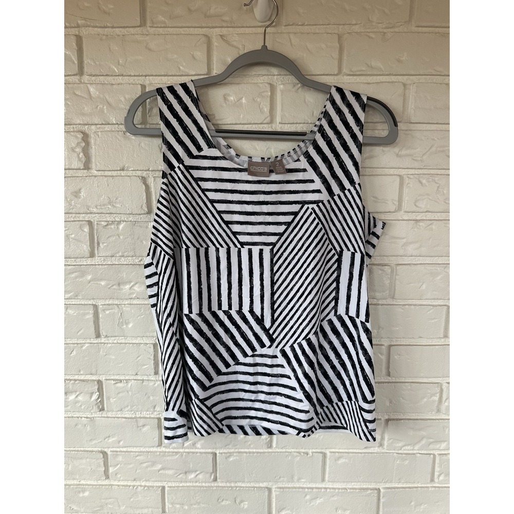 Chicos Women's Black White Stripe Sleeveless Stretch Top Size 2